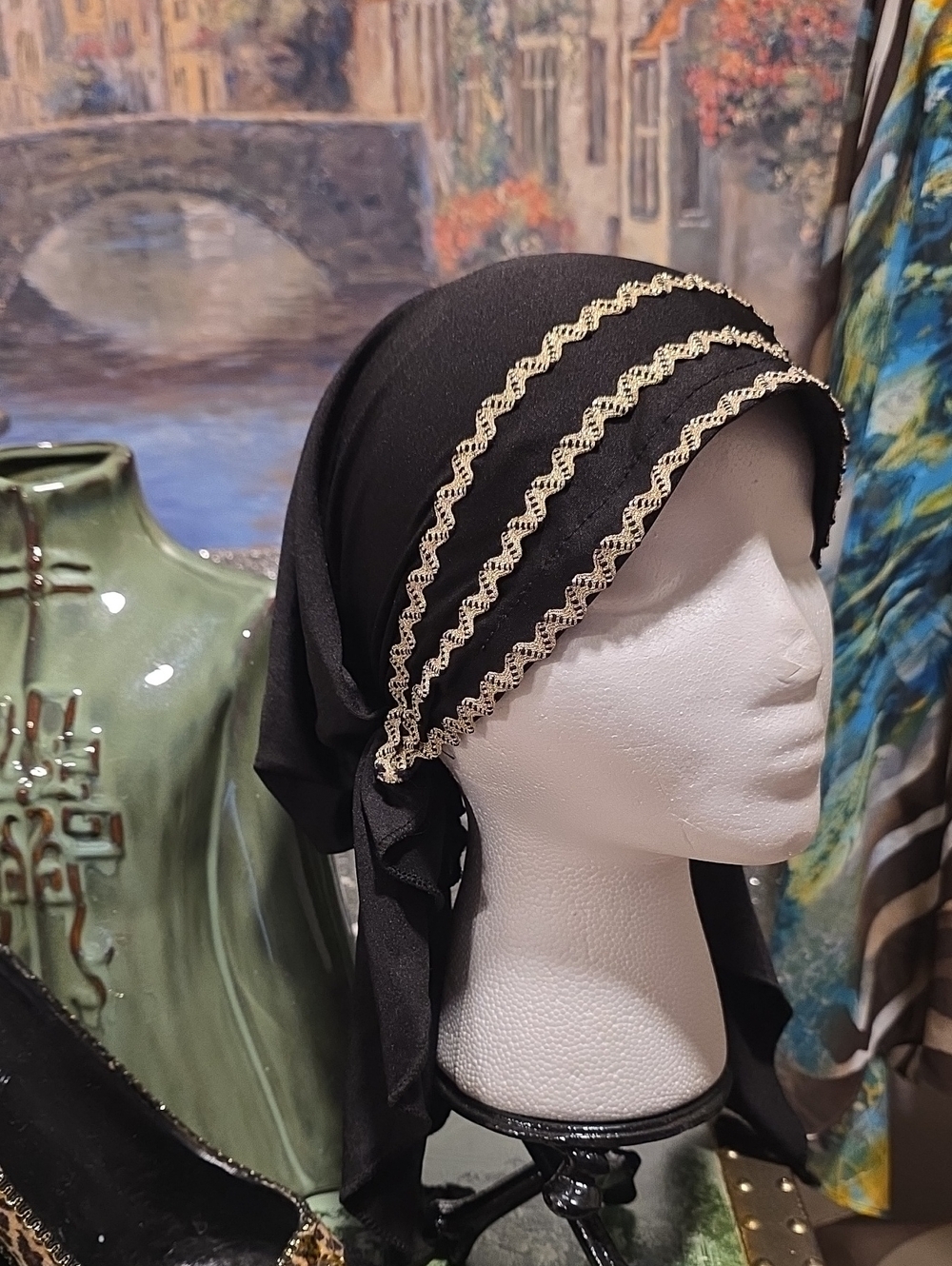 Black Headscarf with Gold Trim - Picture 8 of 9